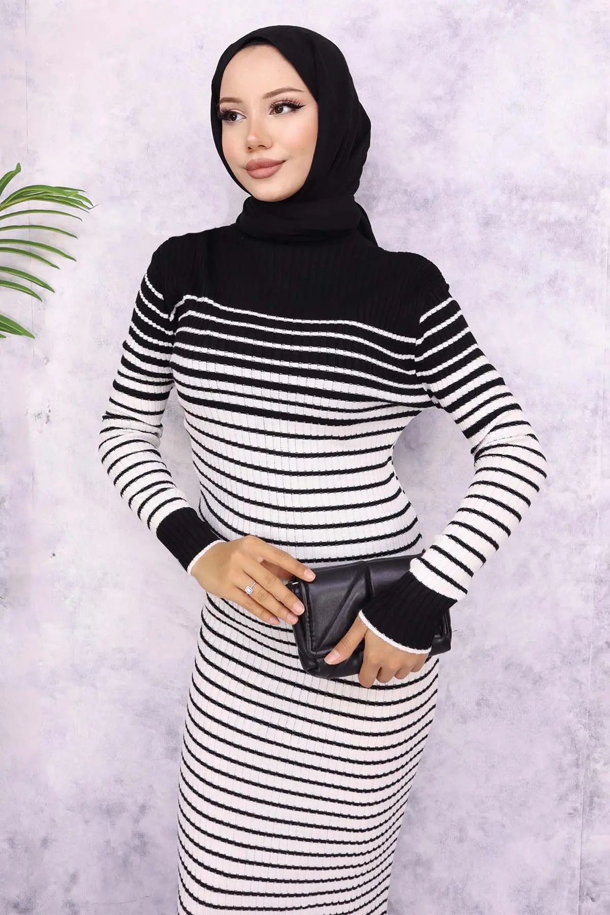 Turtleneck Striped Sweater Dress-detail