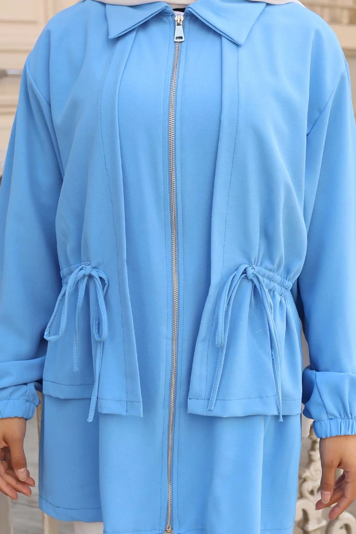 Waist Drawstring Zippered Short Coat-detail