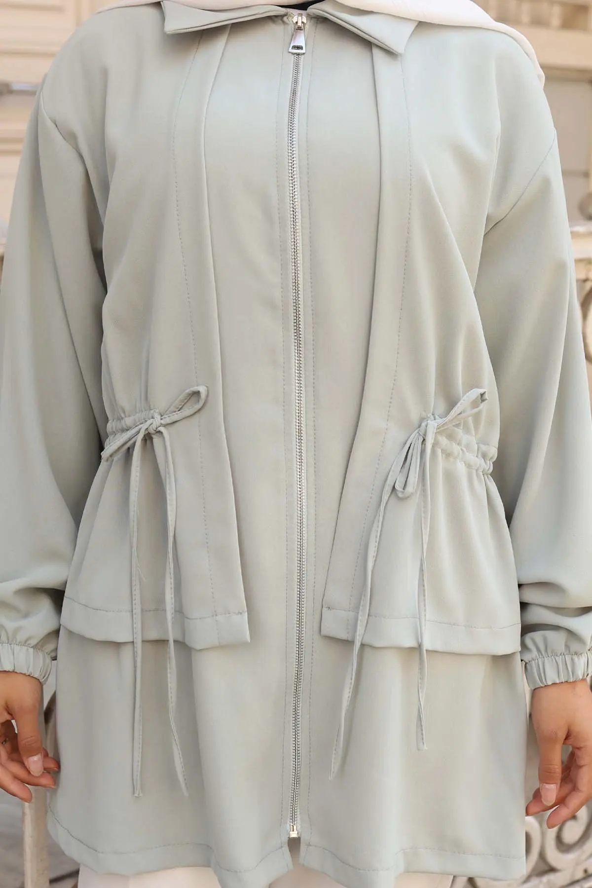 Waist Drawstring Zippered Short Coat-detail