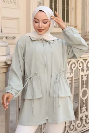 Waist Drawstring Zippered Short Coat