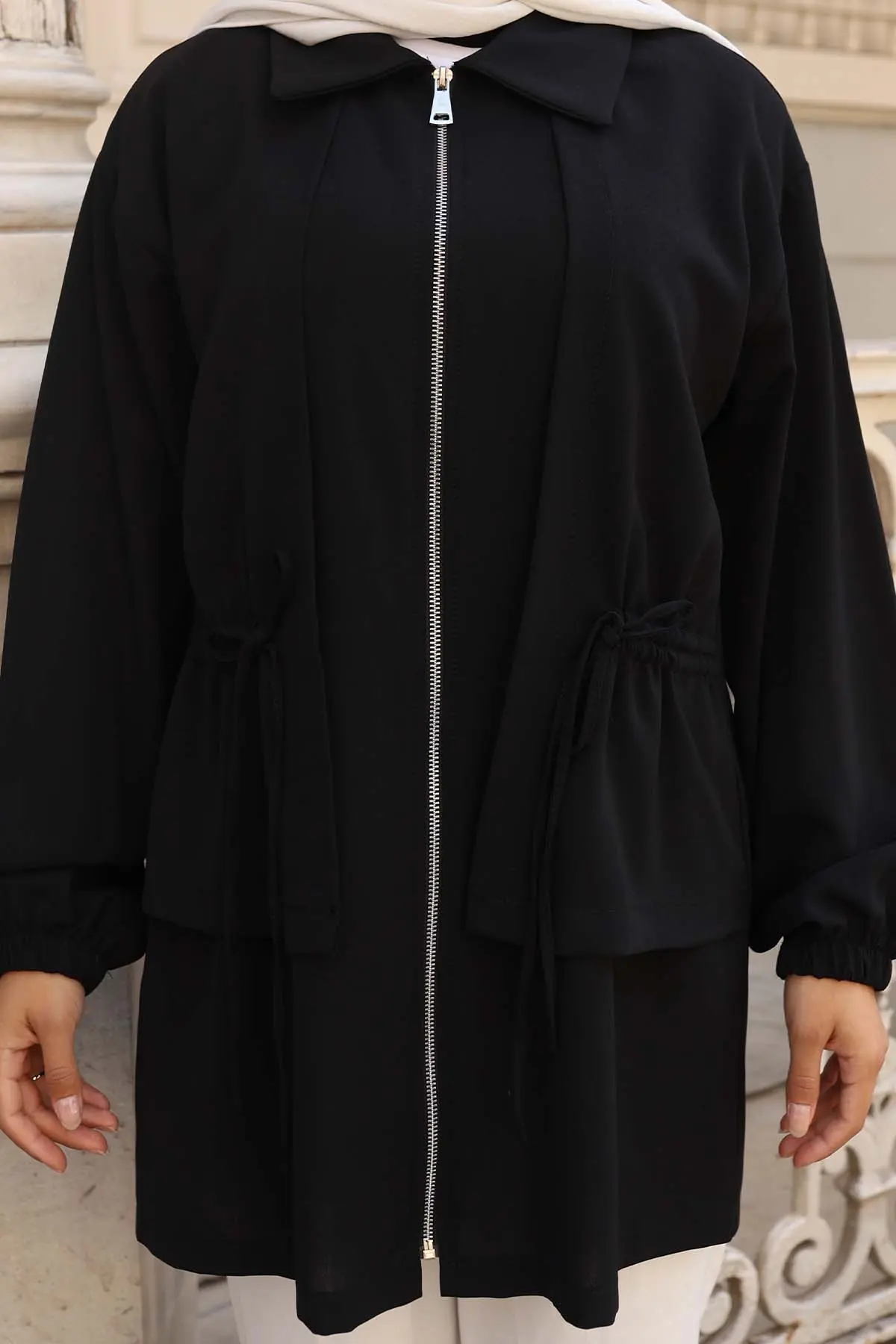 Waist Drawstring Zippered Short Coat-detail