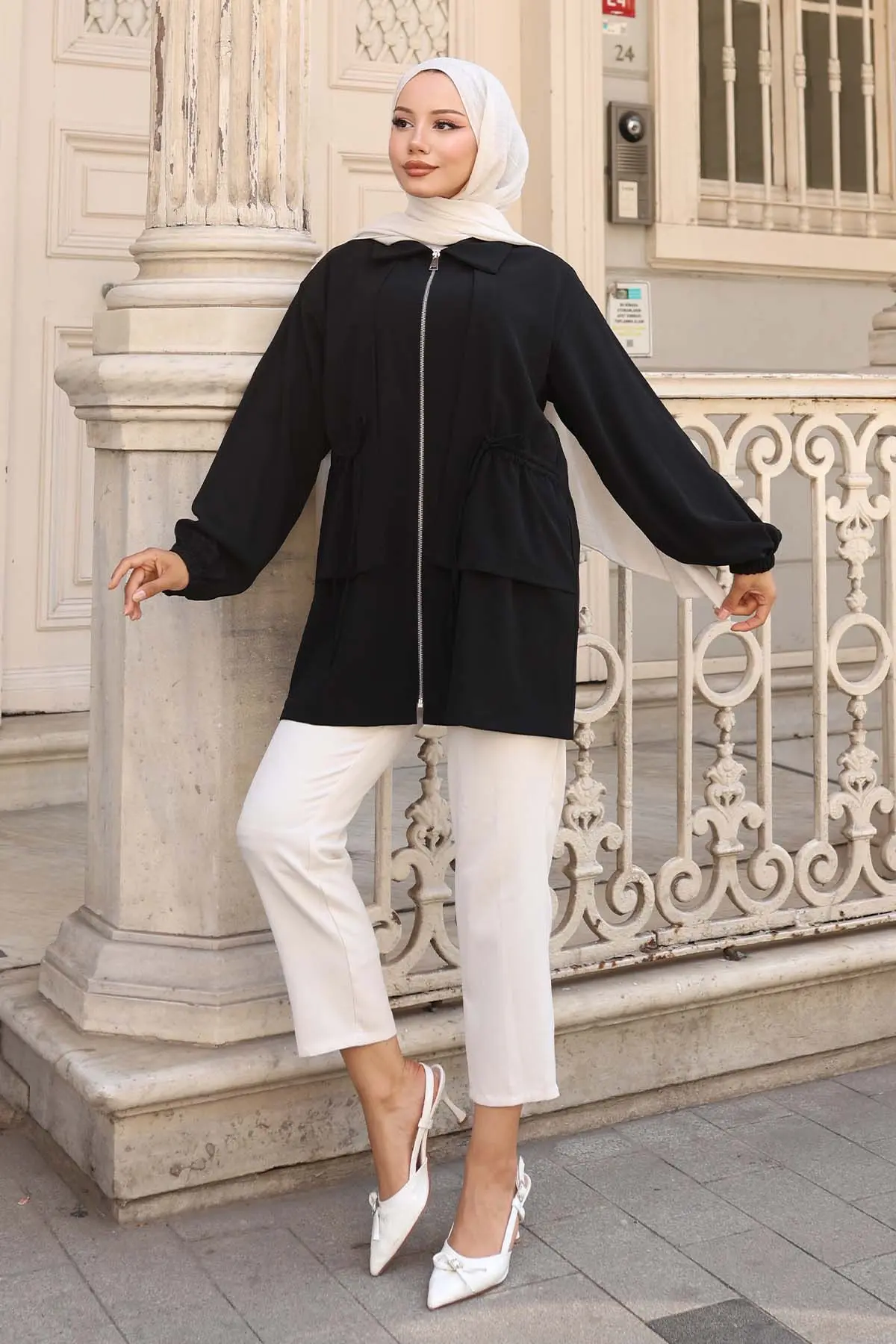 Waist Drawstring Zippered Short Coat-detail