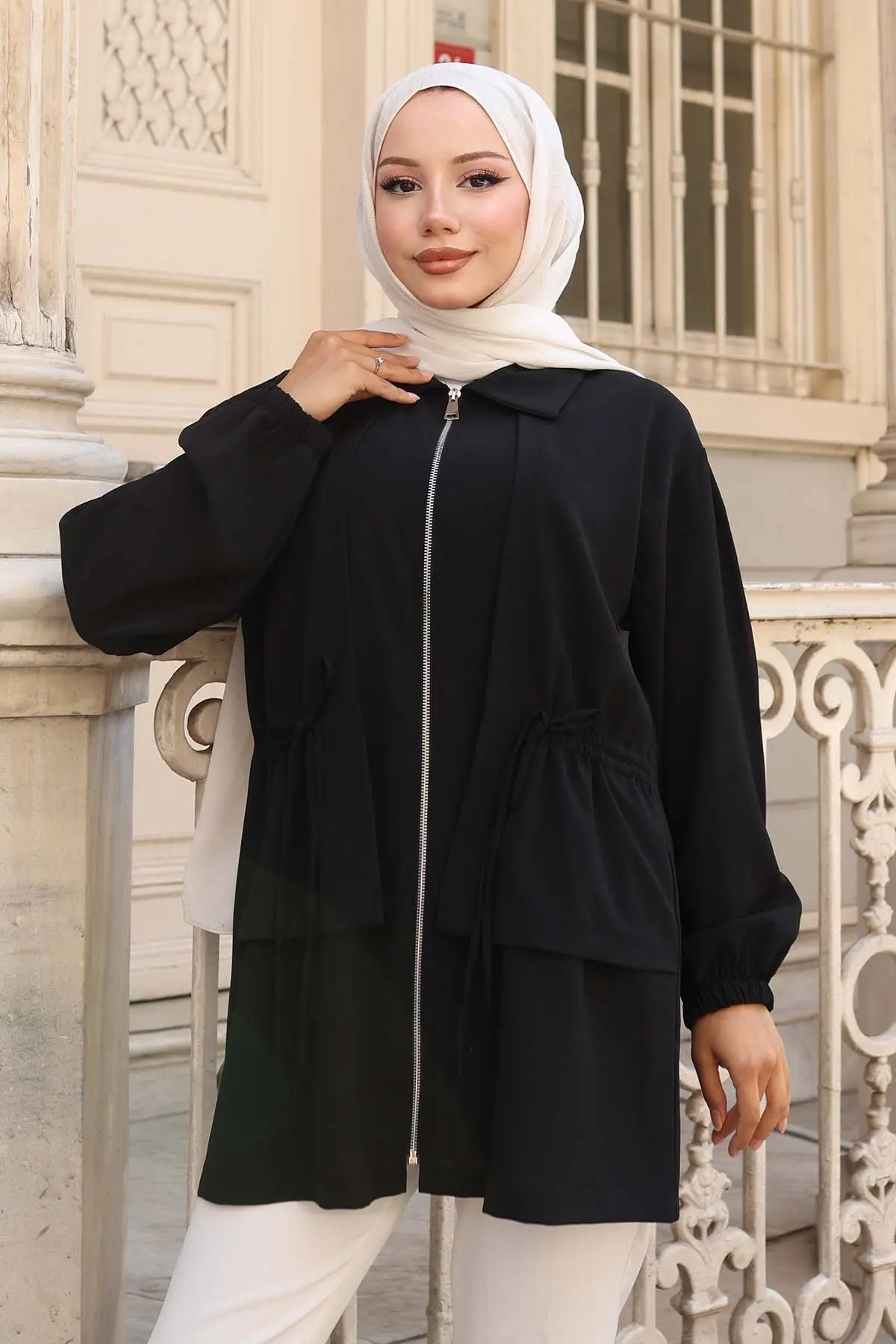 Waist Drawstring Zippered Short Coat-detail