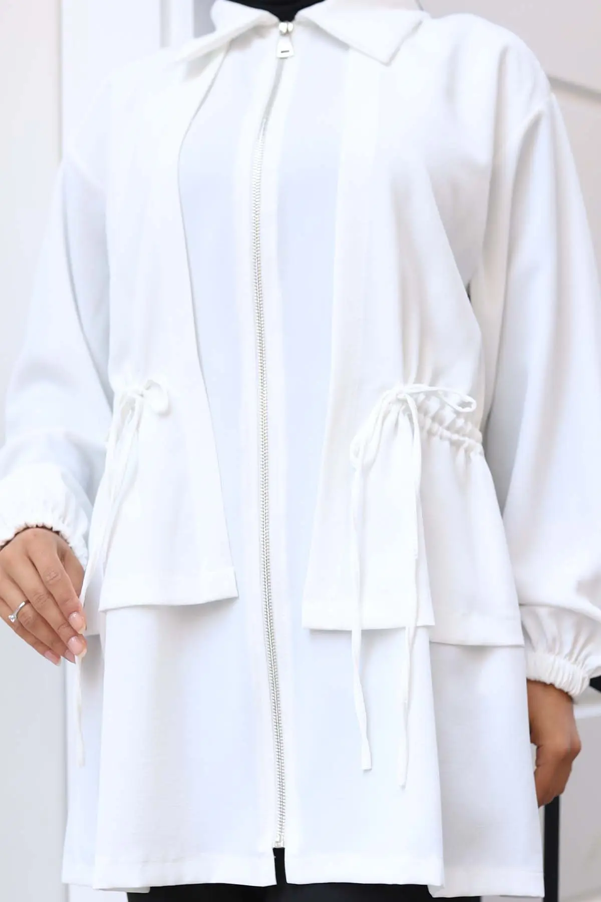 Waist Drawstring Zippered Short Coat-detail