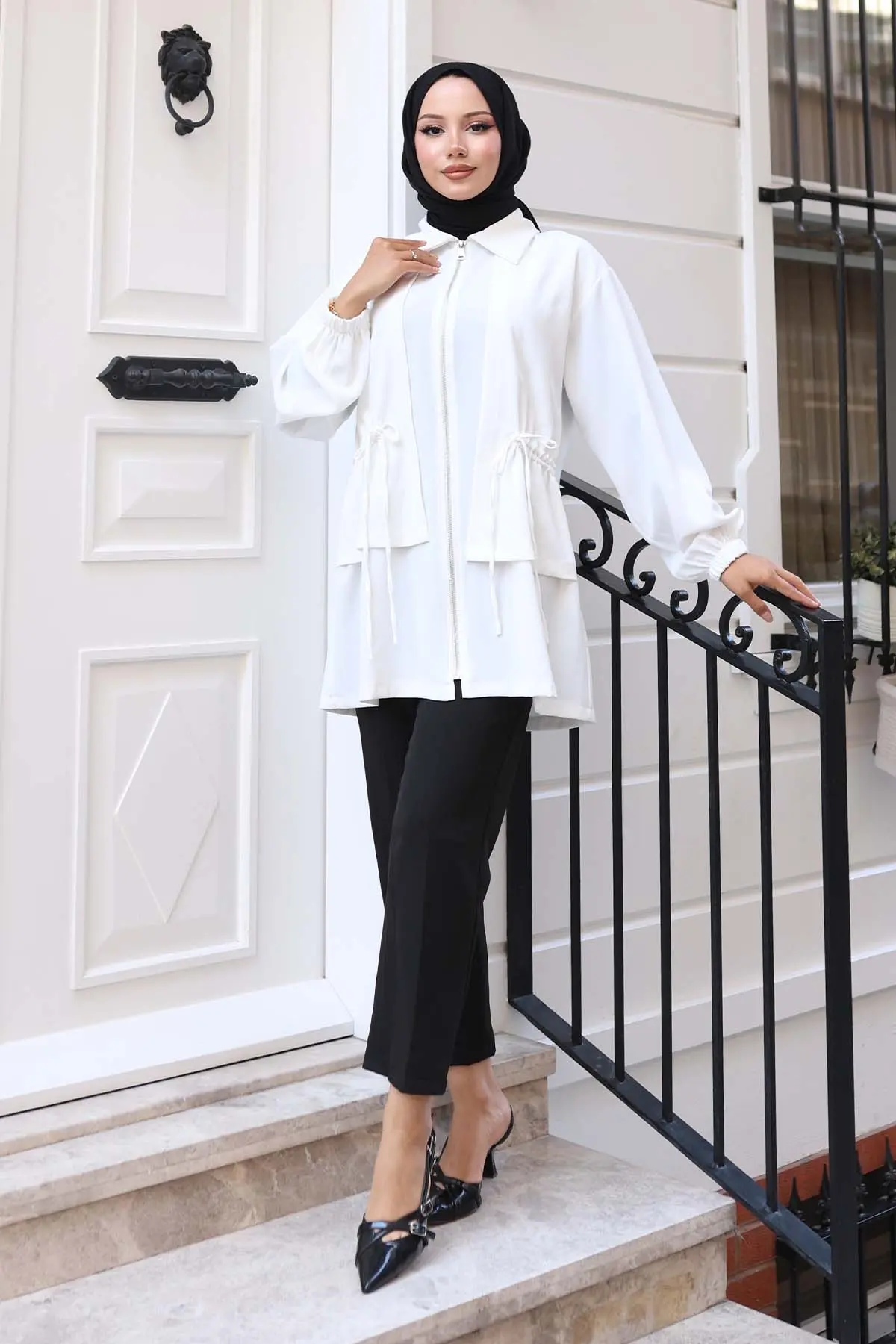 Waist Drawstring Zippered Short Coat-detail