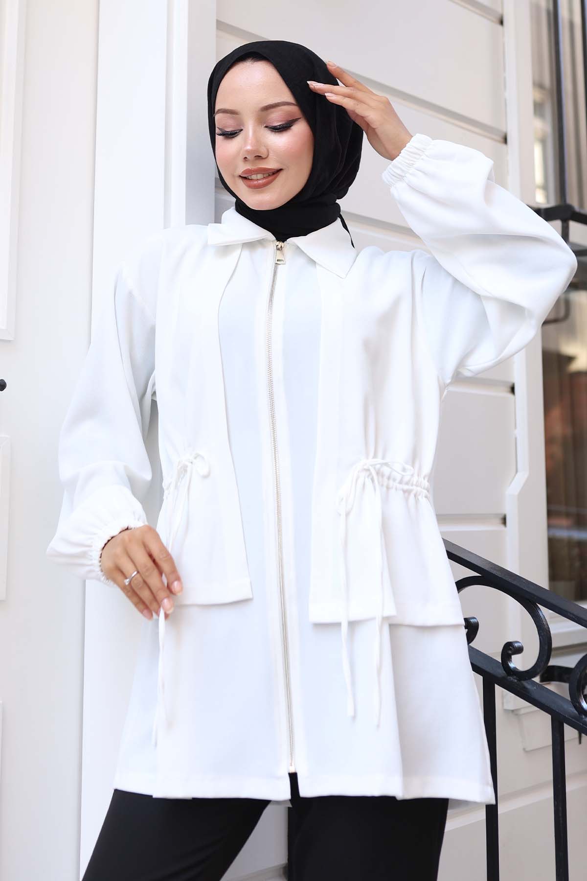 Waist Drawstring Zippered Short Coat