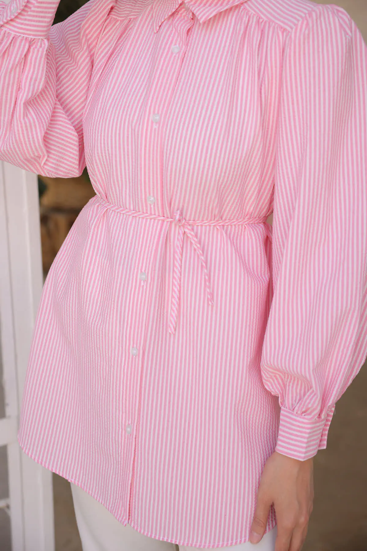 Women's Striped Shirt With Rope Detail On The Waist-detail