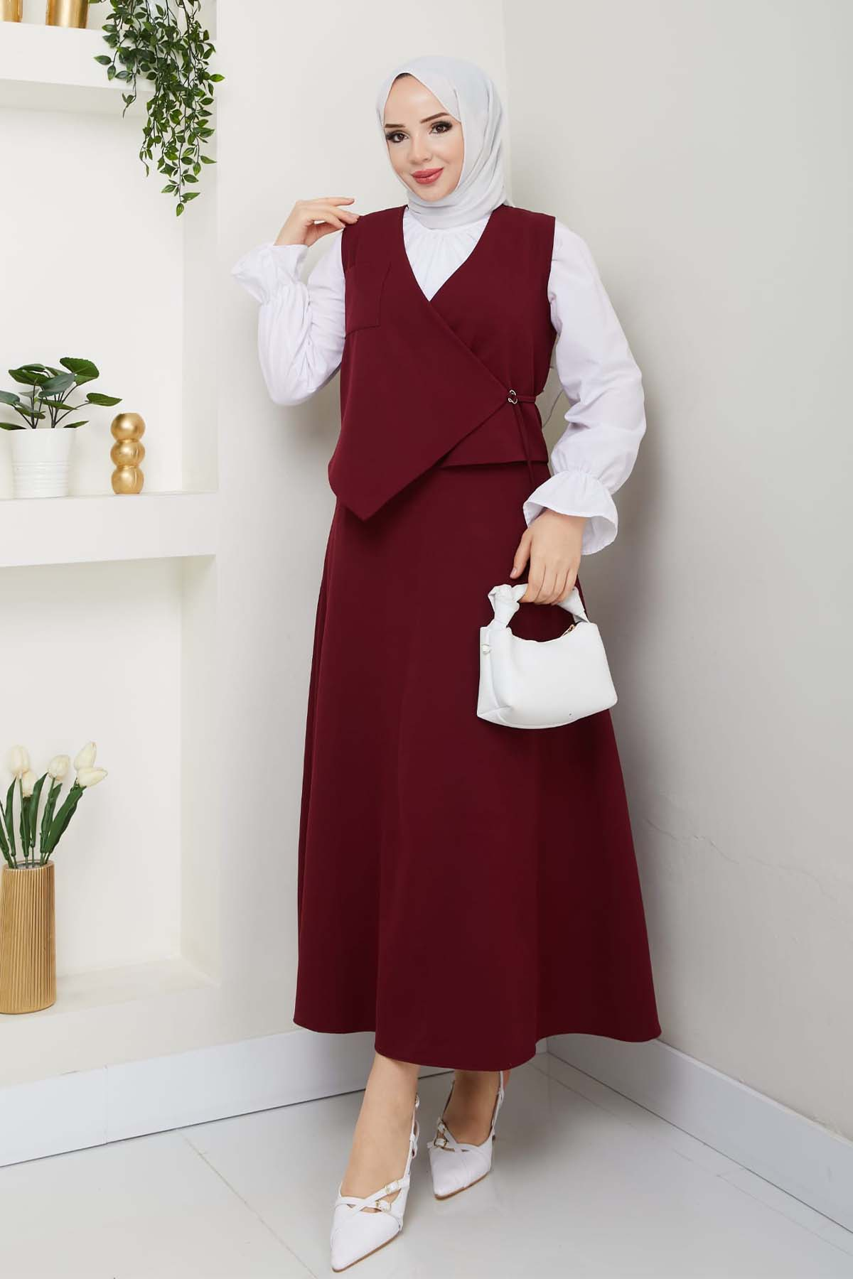 Yandan Bağlamalı Yelekli Takım Bordo 4745