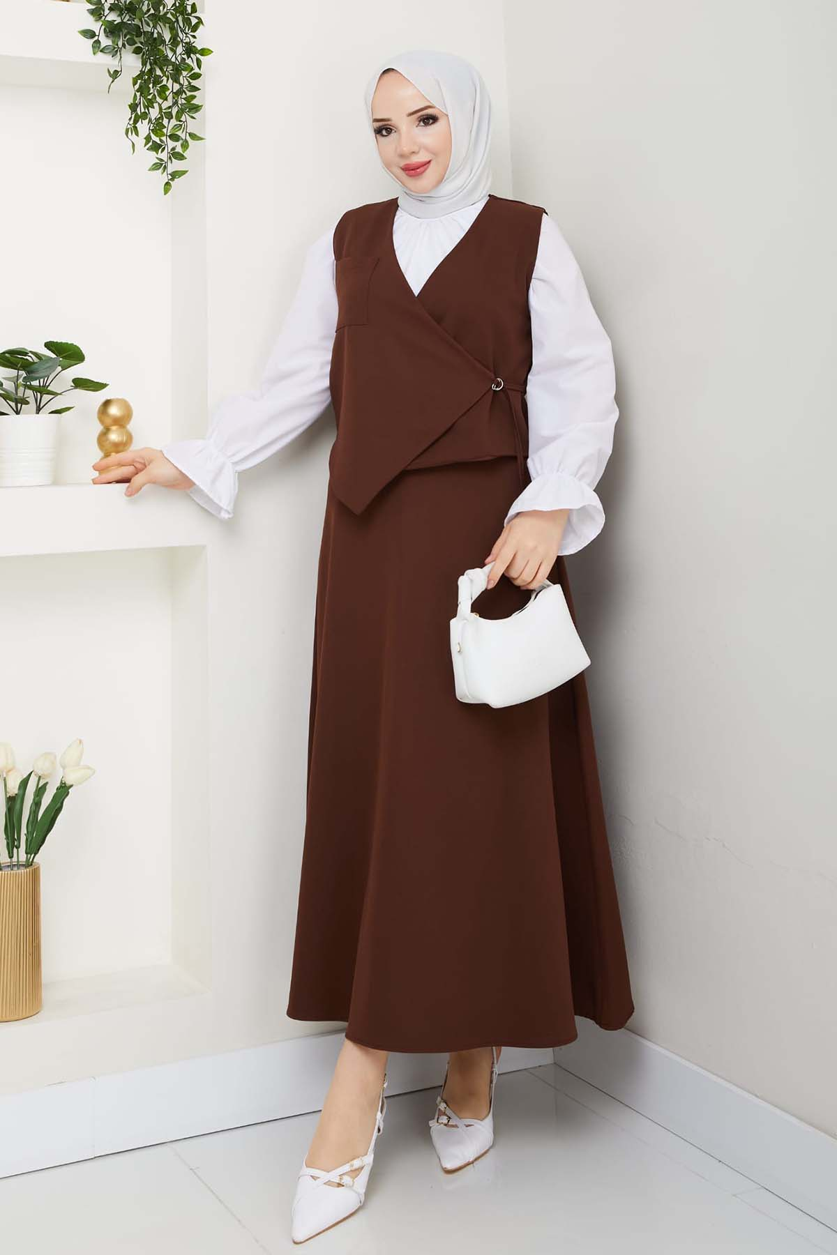 Yandan Bağlamalı Yelekli Takım Kahverengi 4745