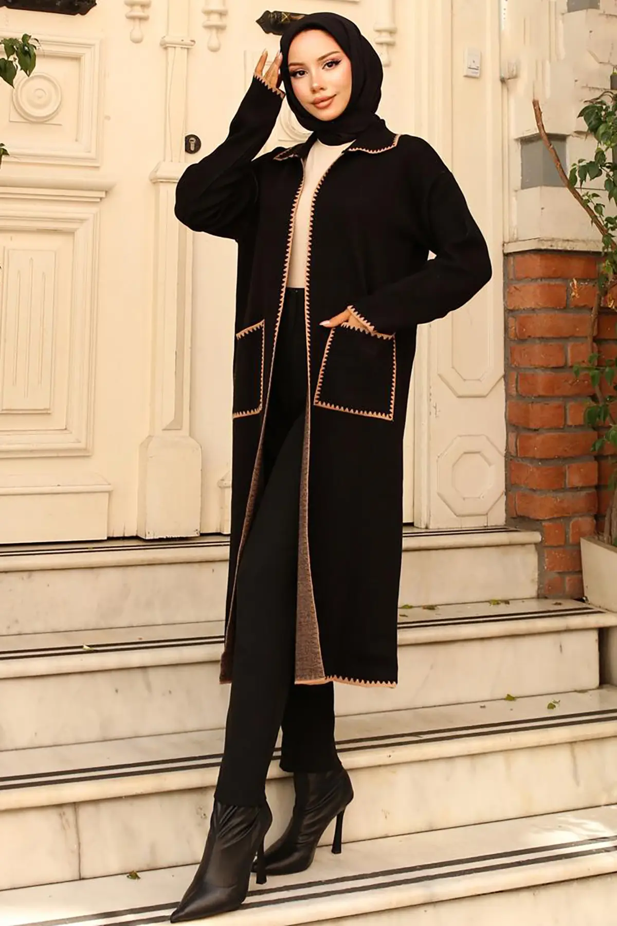 Zigzag Detailed Long Pocket Knitwear Cardigan-detail