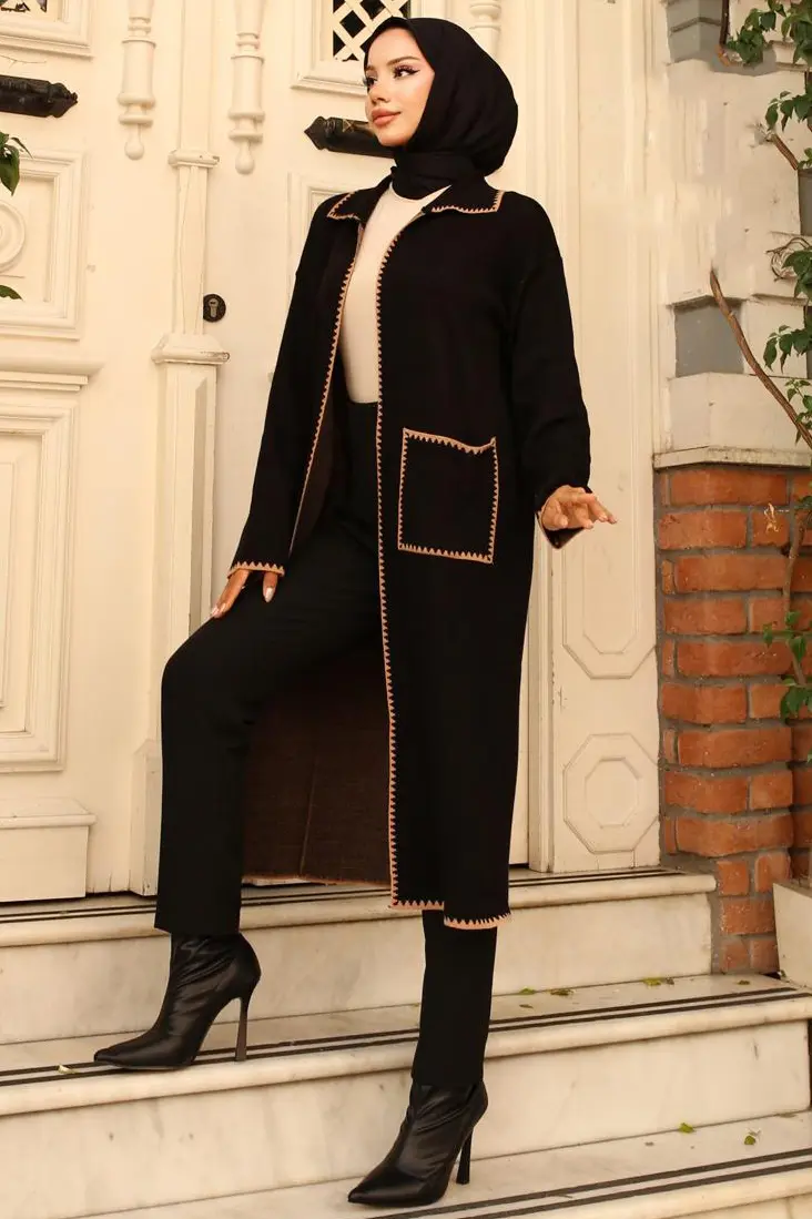 Zigzag Detailed Long Pocket Knitwear Cardigan-detail