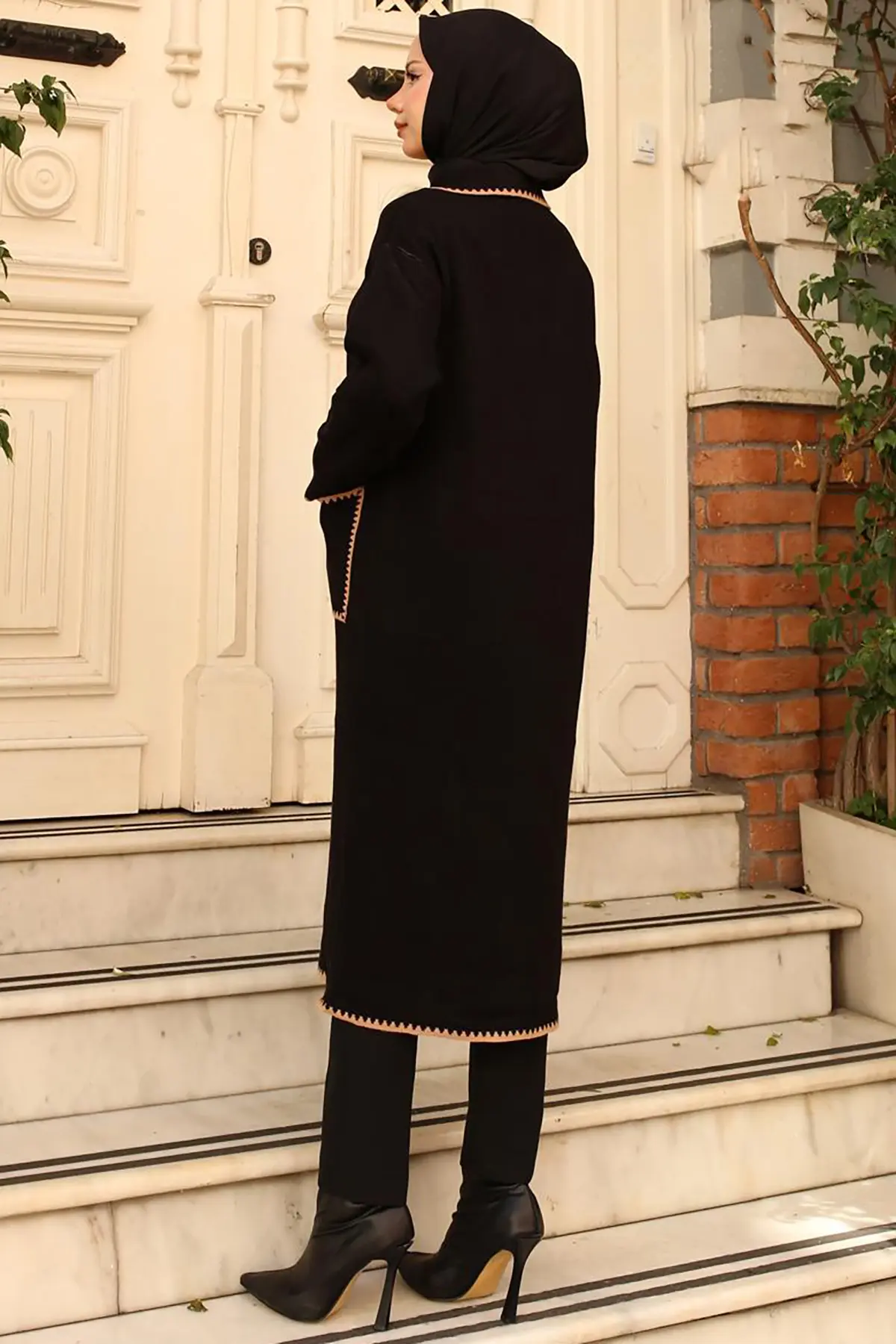 Zigzag Detailed Long Pocket Knitwear Cardigan-detail