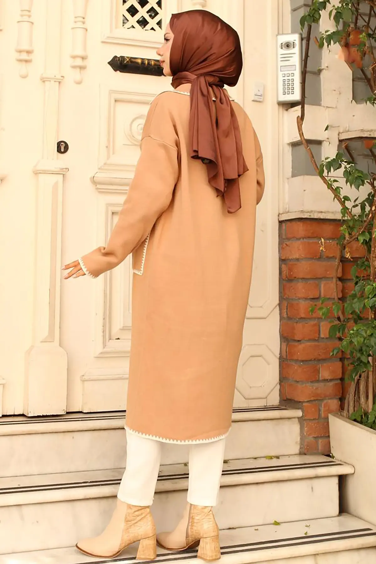 Zigzag Detailed Long Pocket Knitwear Cardigan-detail