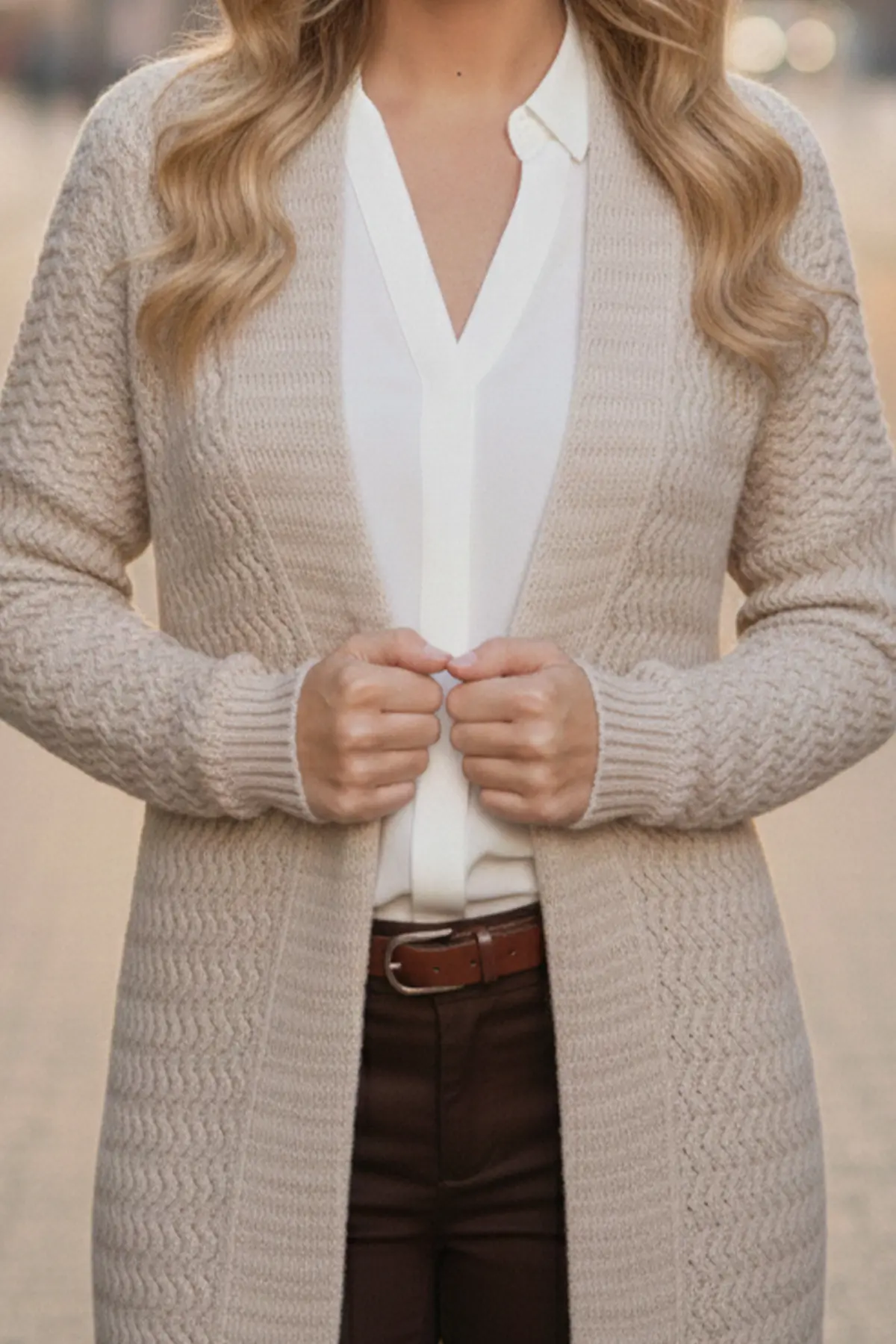 Zigzag Patterned Long Knit Cardigan-detail