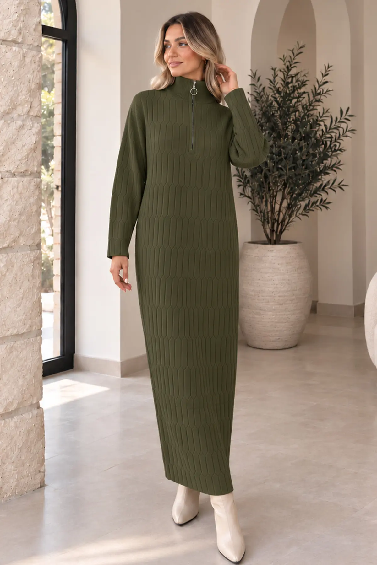 Zip-neck Knit Dress K3055 Khaki-detail