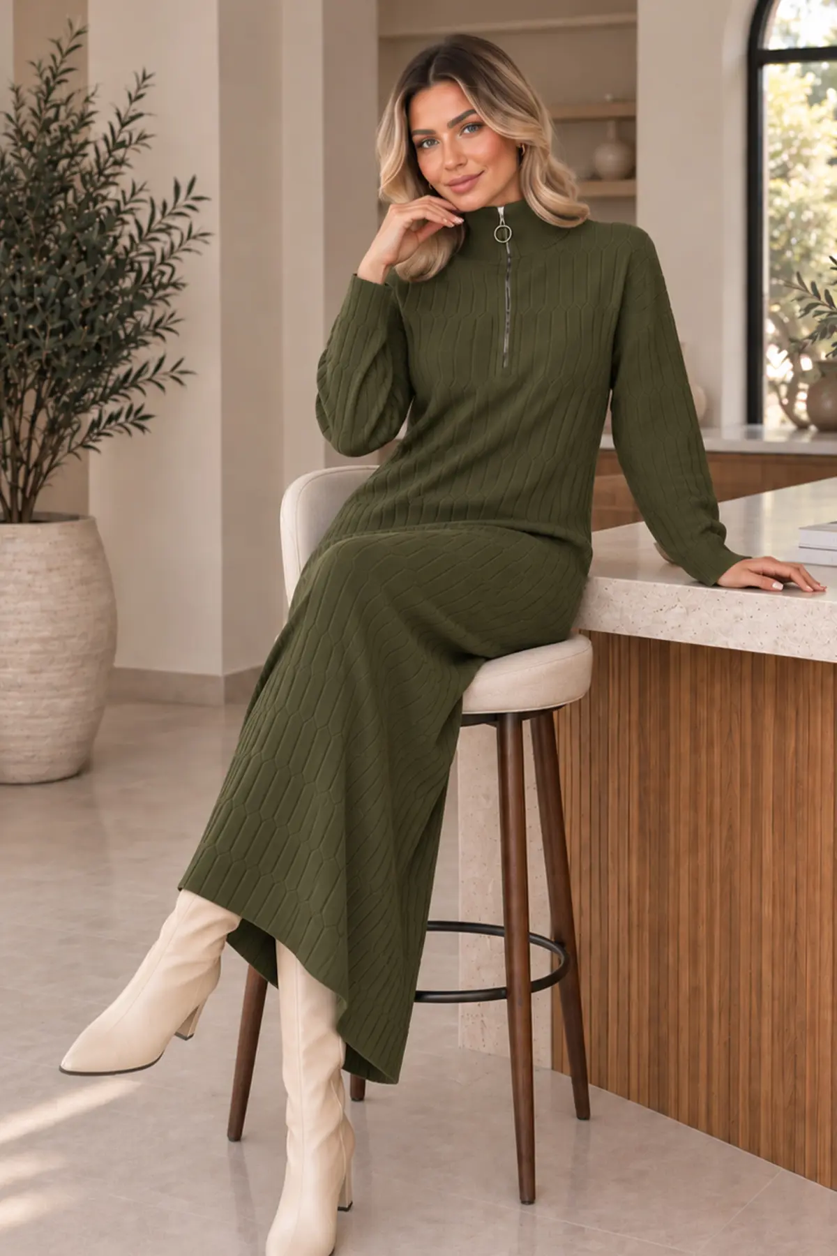 Zip-neck Knit Dress K3055 Khaki-detail