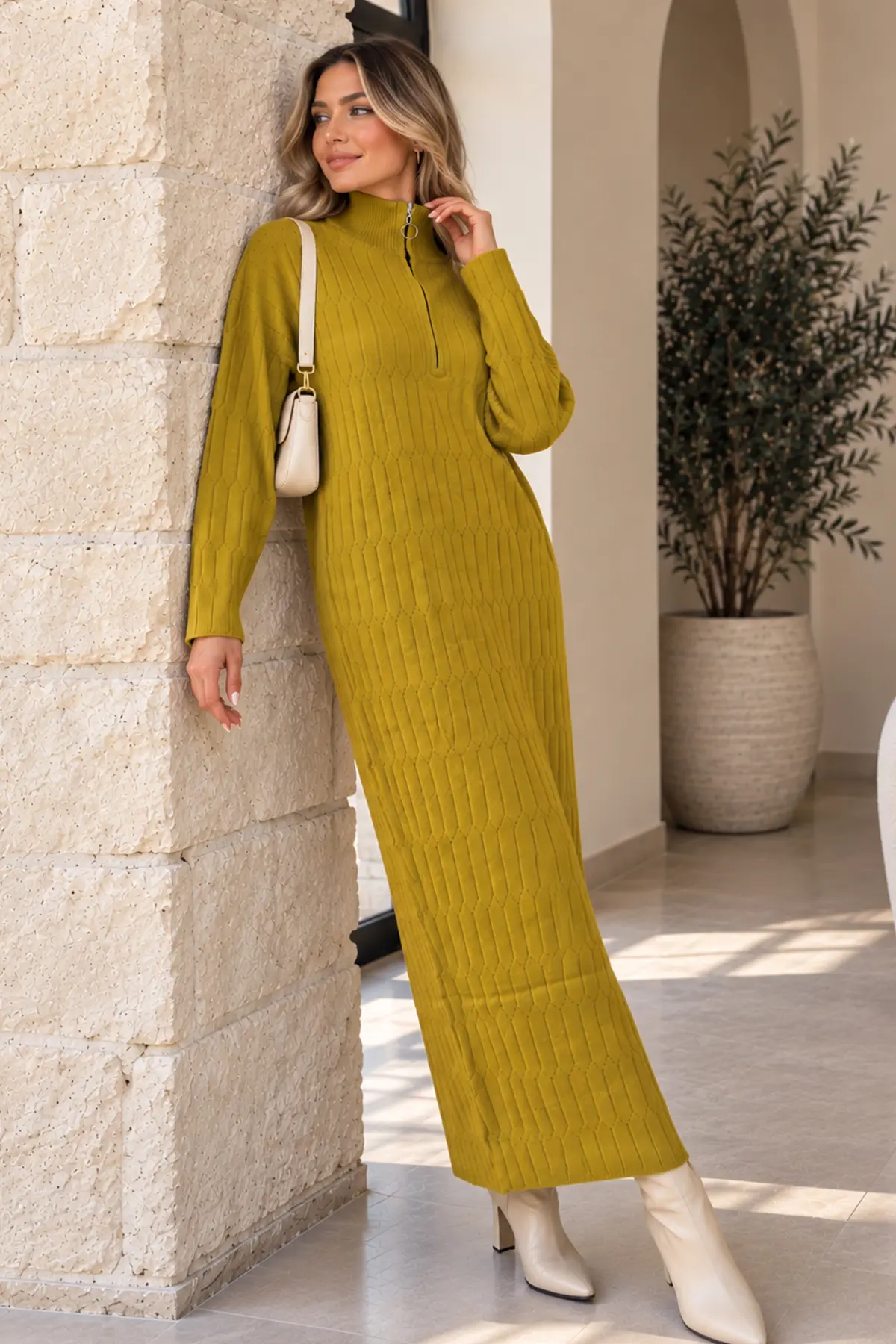 Zip-neck Knit Dress K3055 Olive Green-detail