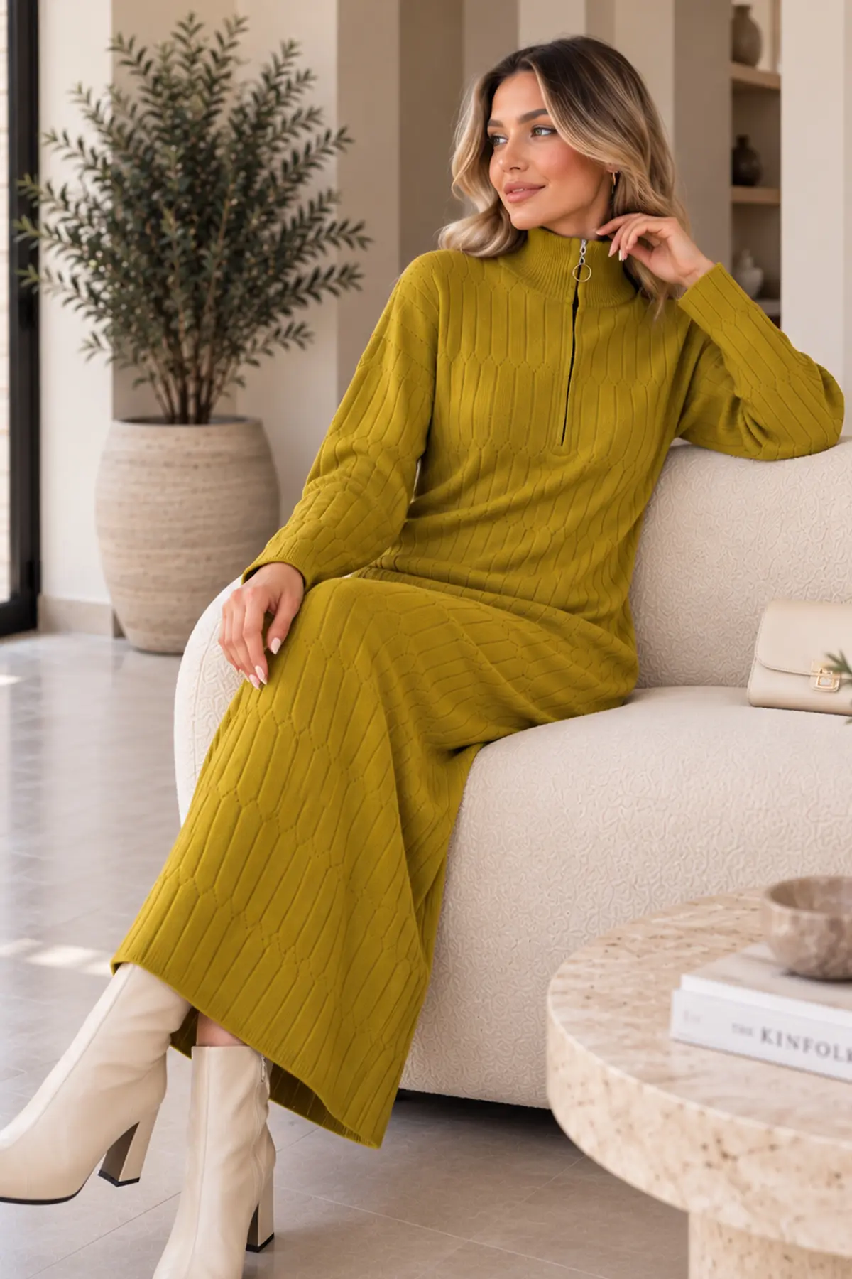 Zip-neck Knit Dress K3055 Olive Green-detail