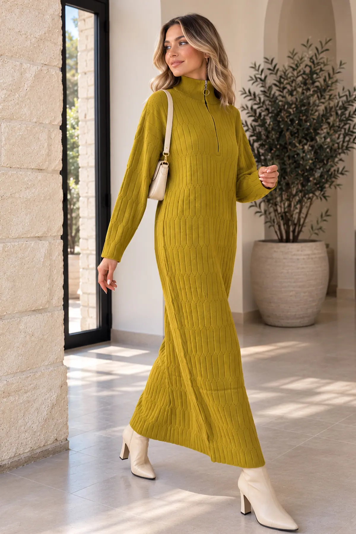 Zip-neck Knit Dress K3055 Olive Green-detail