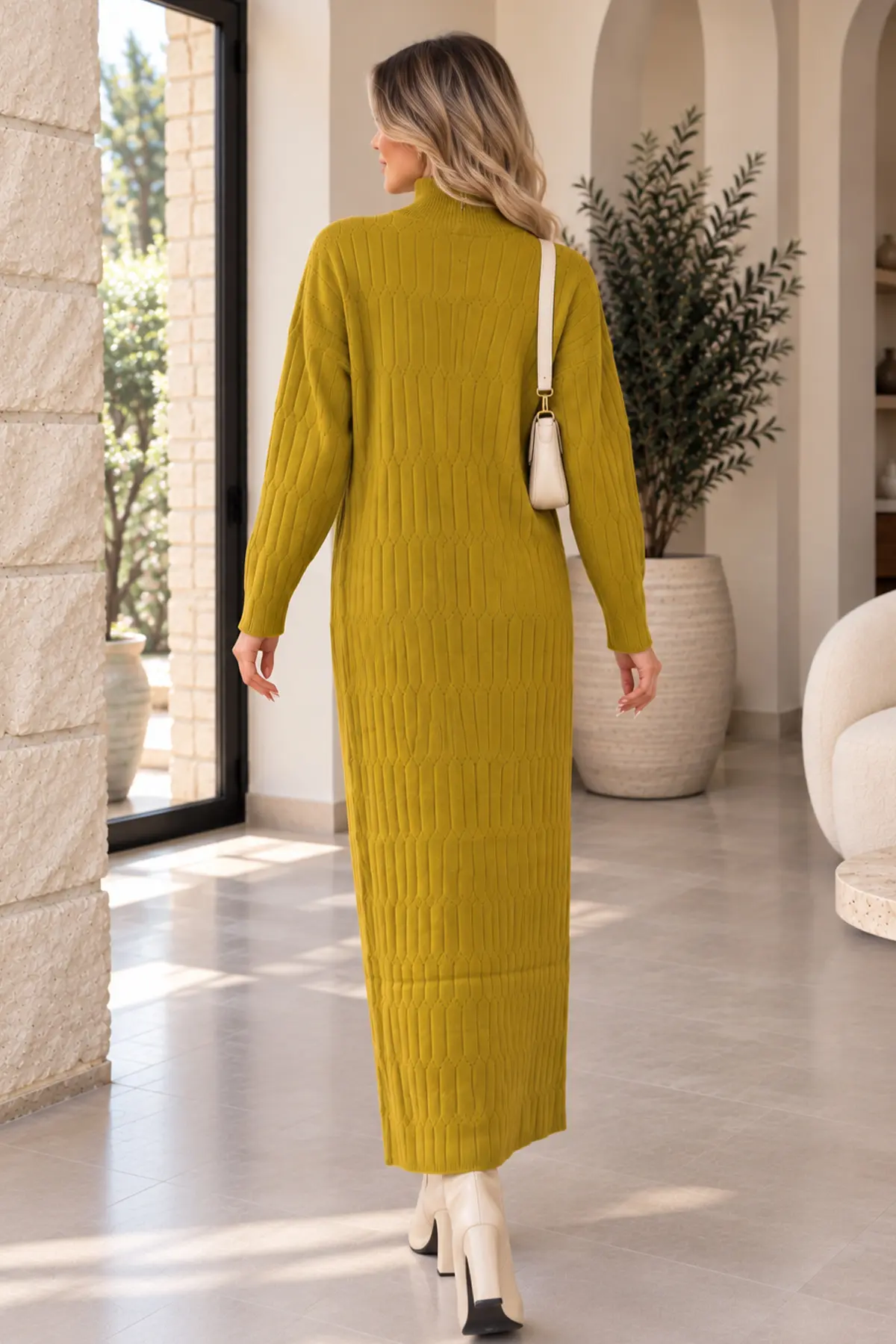 Zip-neck Knit Dress K3055 Olive Green-detail