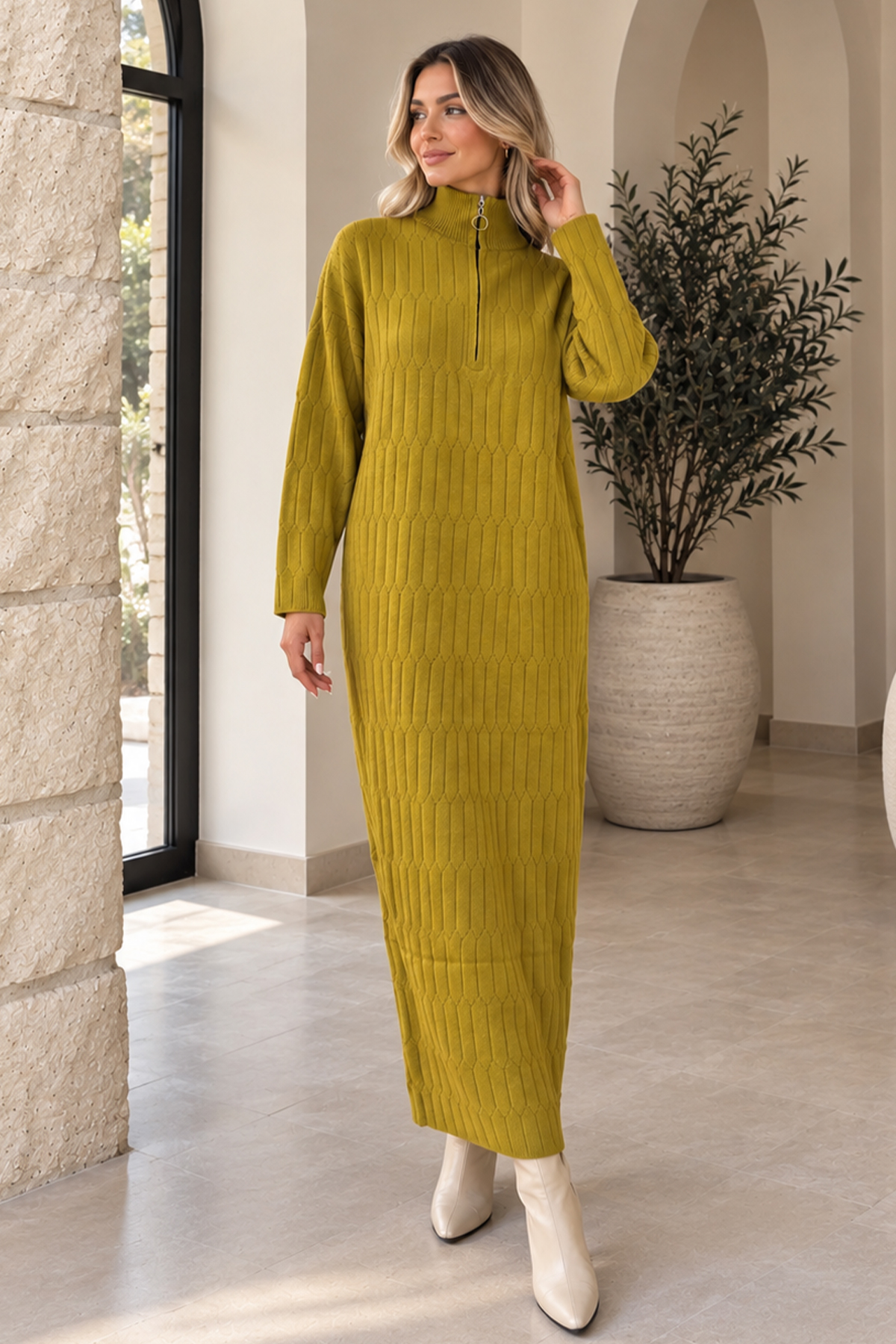 Zip-neck Knit Dress K3055 Olive Green