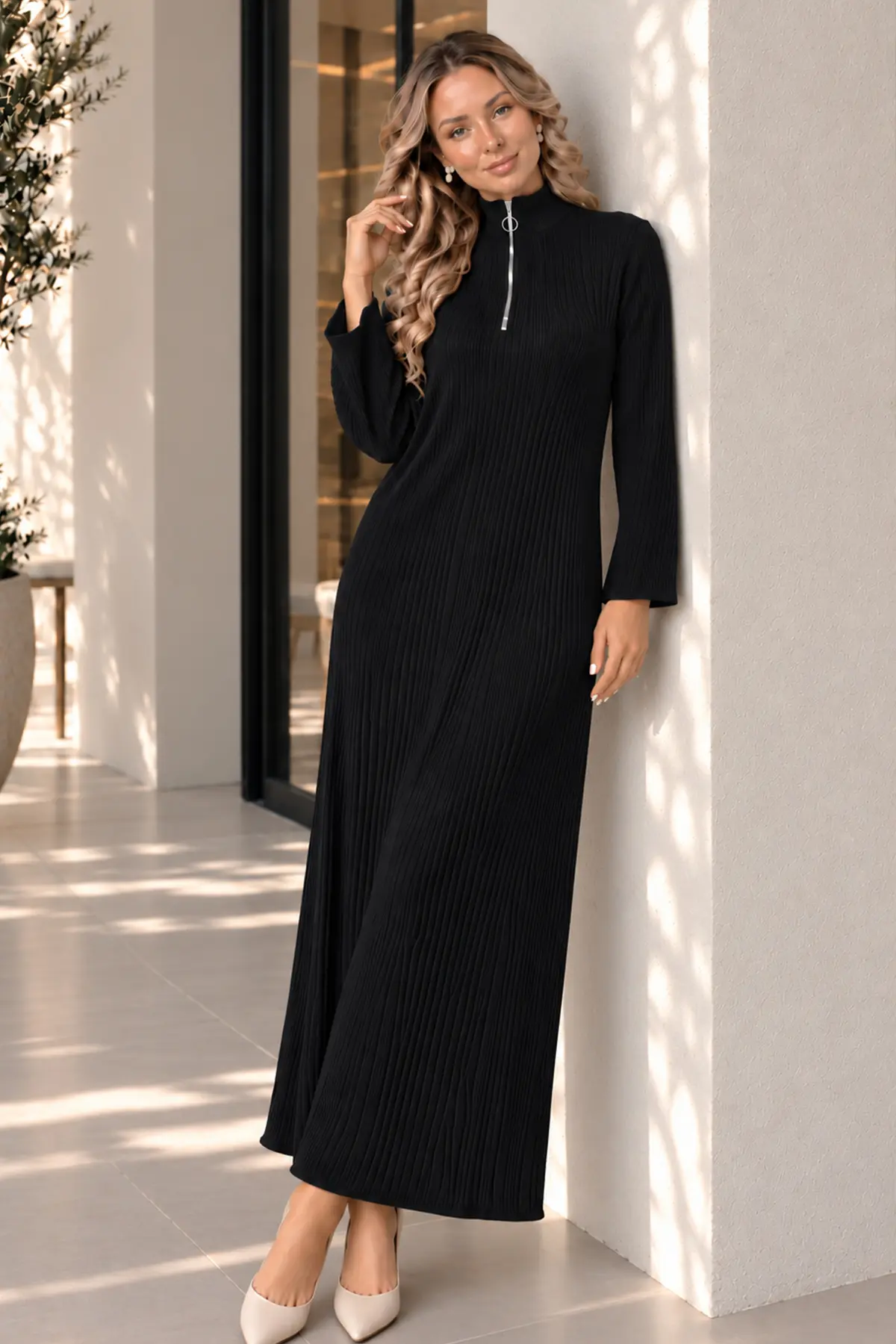 Zip-neck Ribbed Knit Dress K3018 Black-detail