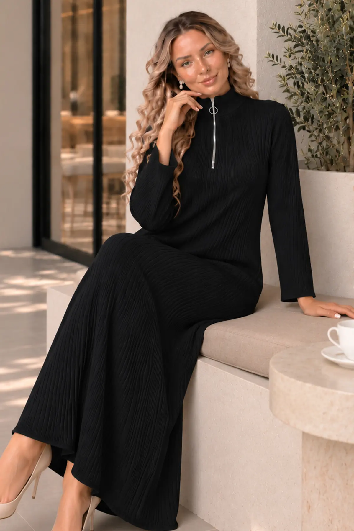 Zip-neck Ribbed Knit Dress K3018 Black-detail