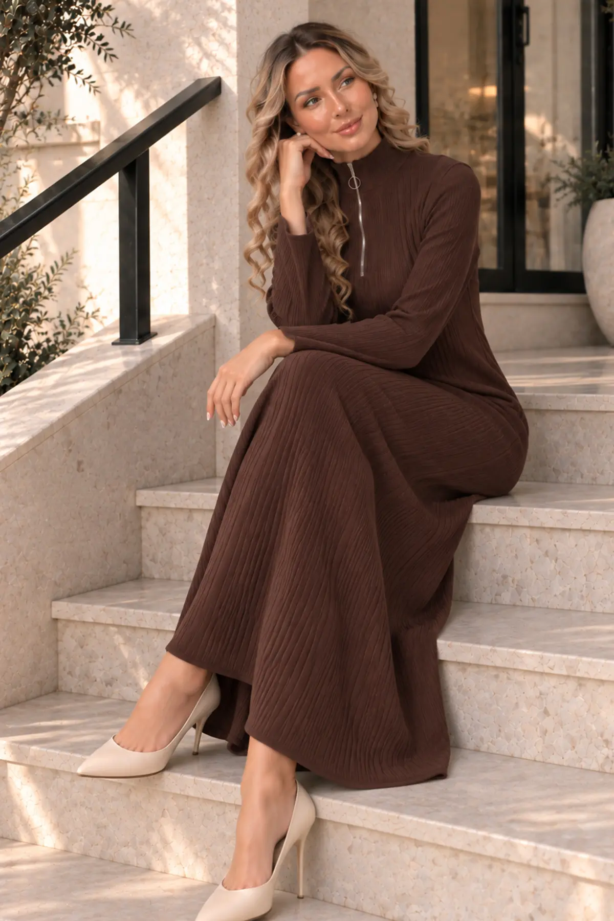 Zip-neck Ribbed Knit Dress K3018 Brown-detail