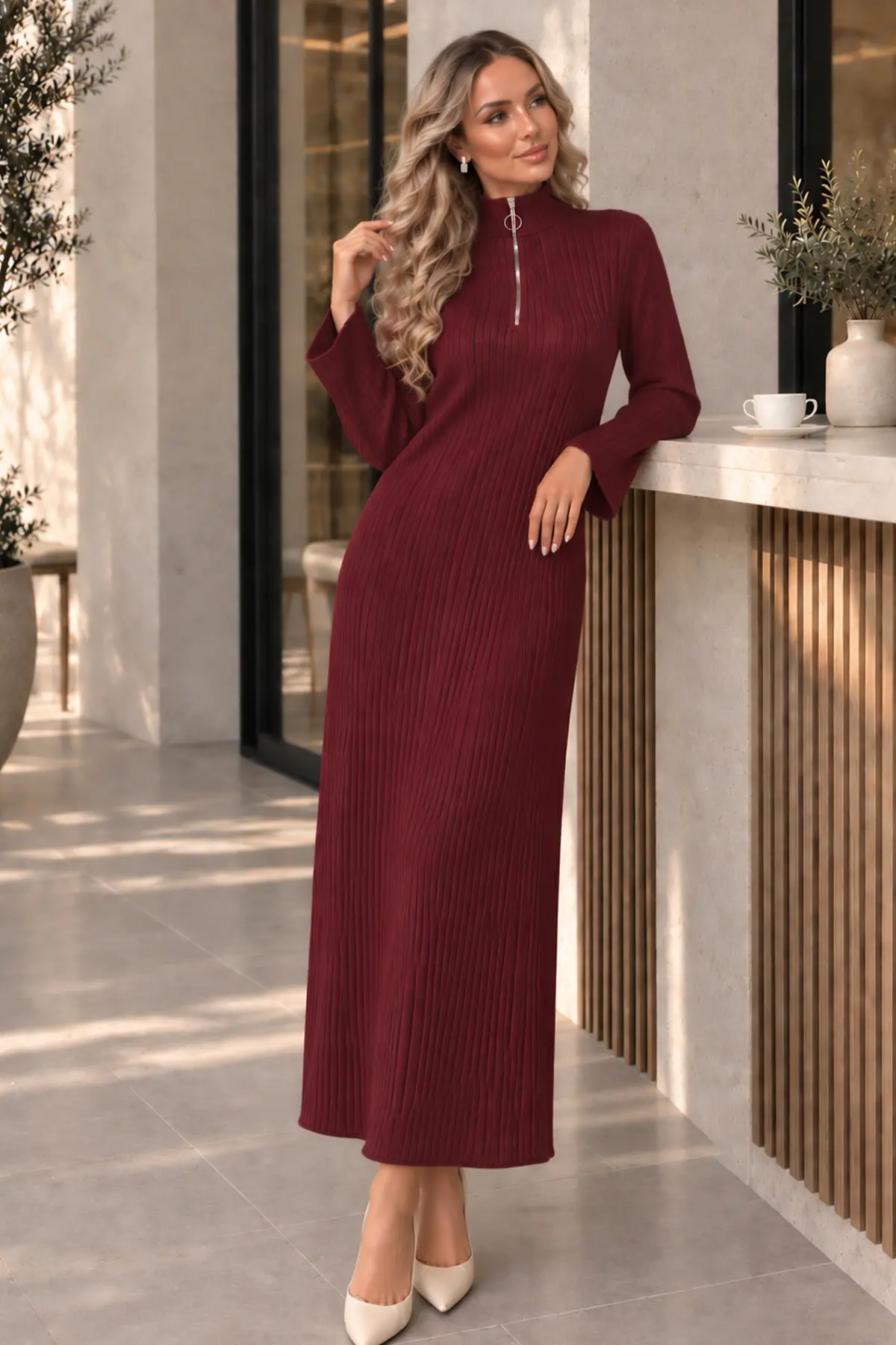 Zip-neck Ribbed Knit Dress K3018 Burgundy-detail