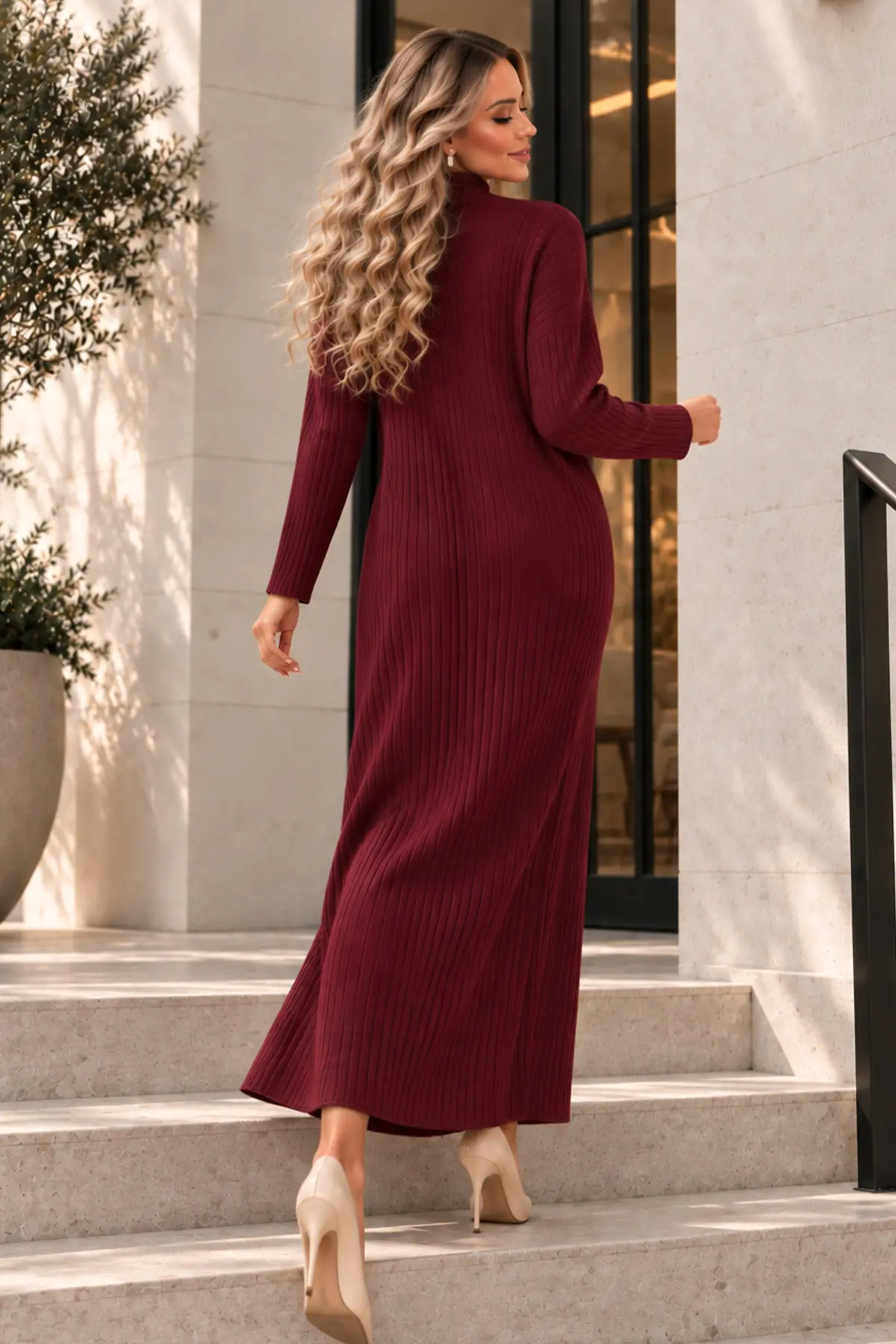 Zip-neck Ribbed Knit Dress K3018 Burgundy-detail