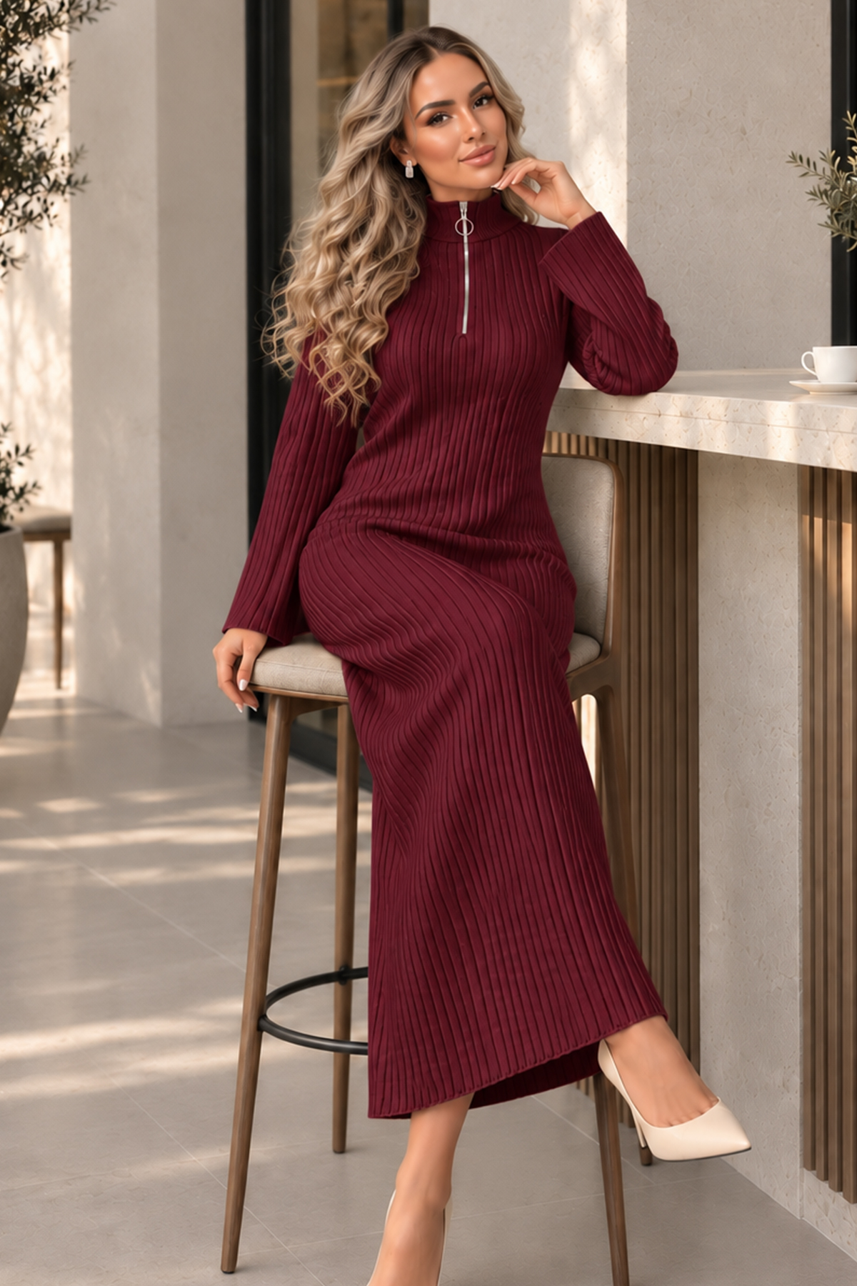 Zip-neck Ribbed Knit Dress K3018 Burgundy