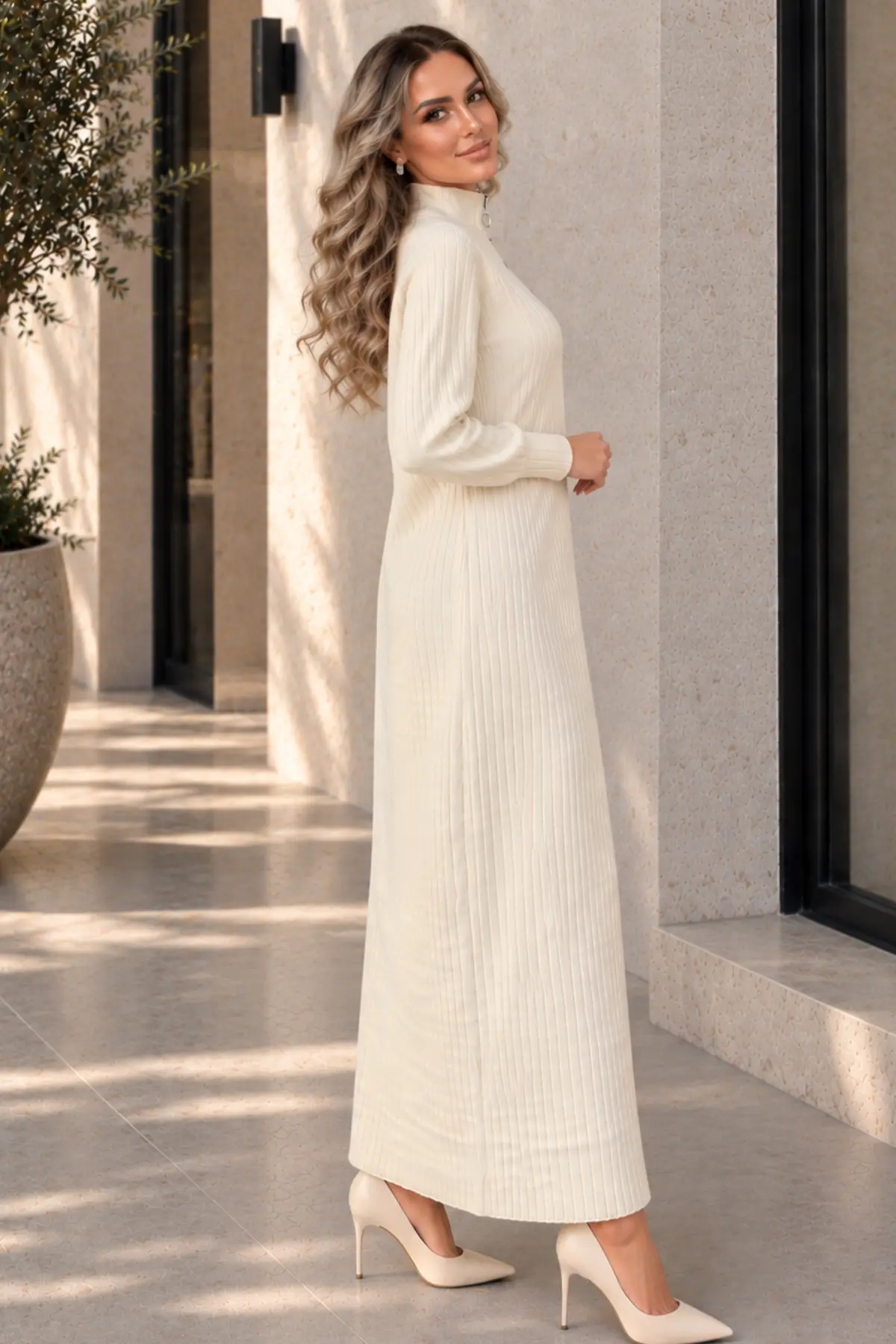 Zip-neck Ribbed Knit Dress K3018 Ecru-detail