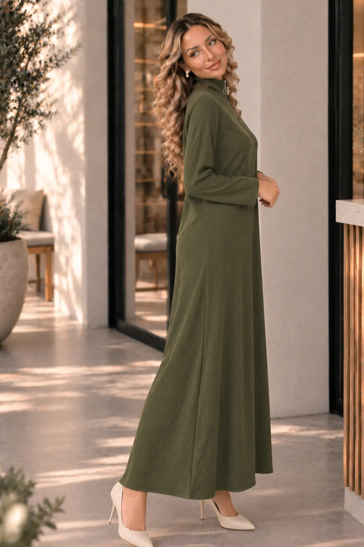 Zip-neck Ribbed Knit Dress K3018 Khaki-detail