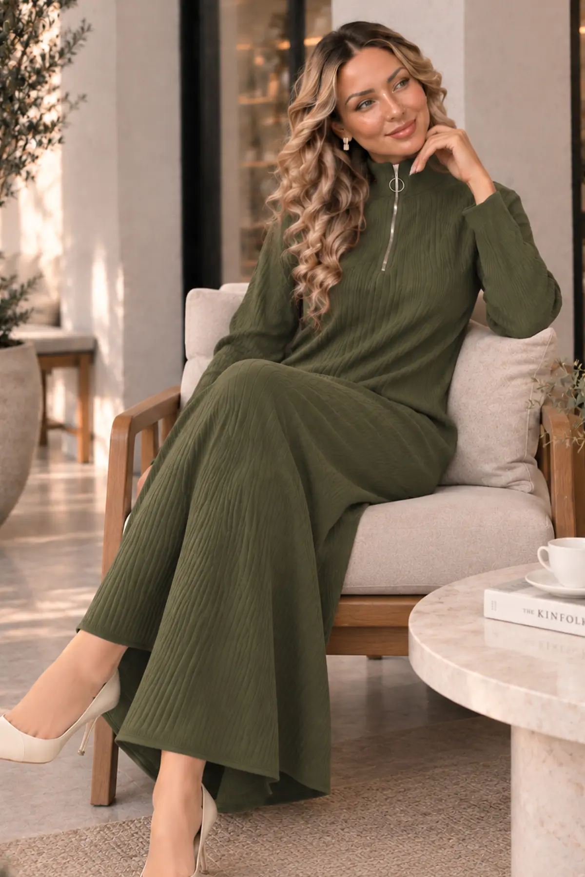 Zip-neck Ribbed Knit Dress K3018 Khaki-detail