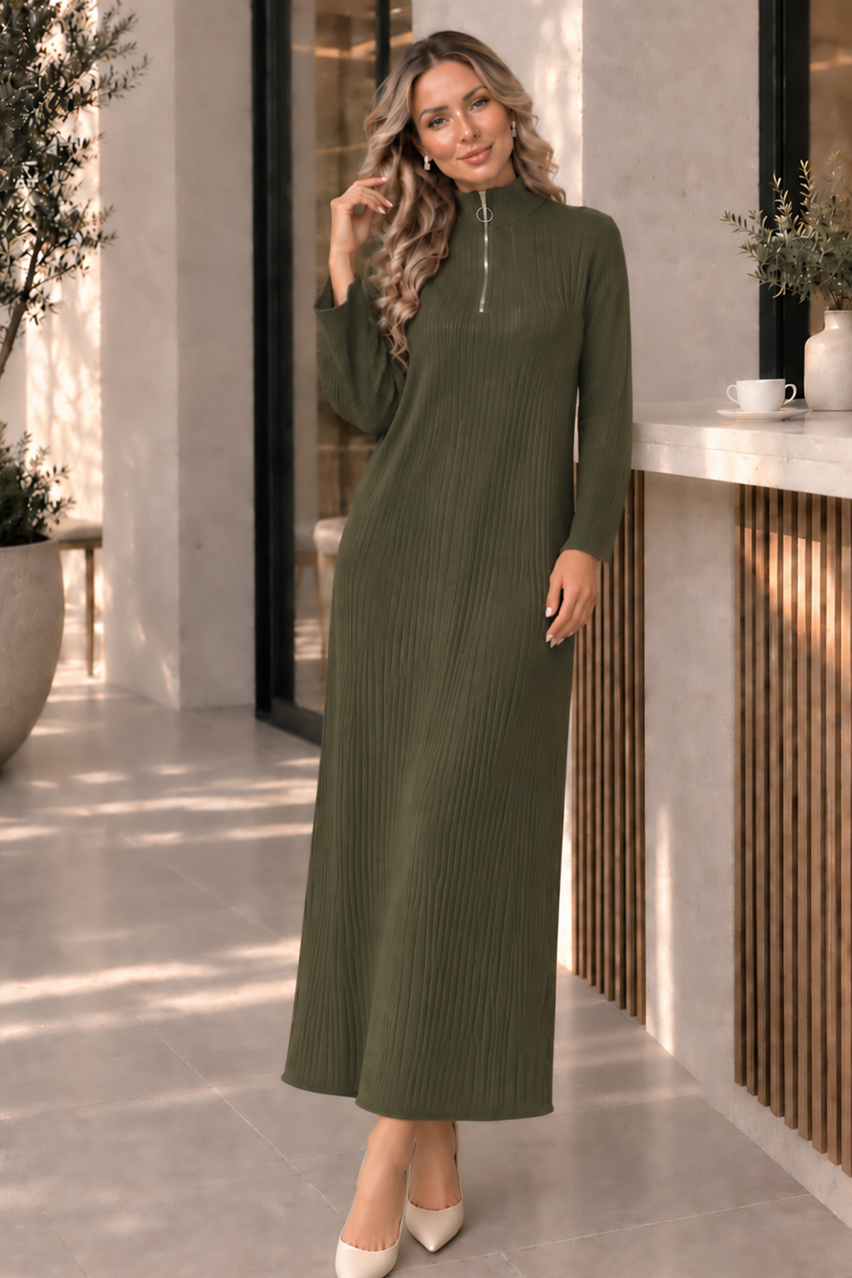 Zip-neck Ribbed Knit Dress K3018 Khaki