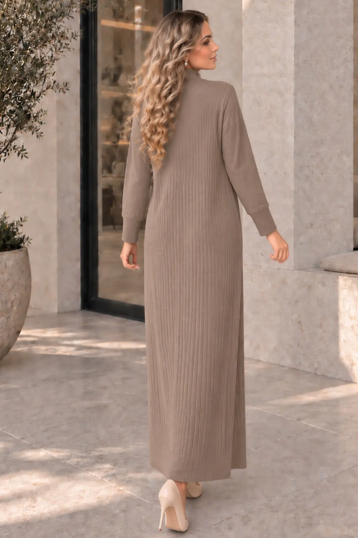 Zip-neck Ribbed Knit Dress K3018 Mink-detail