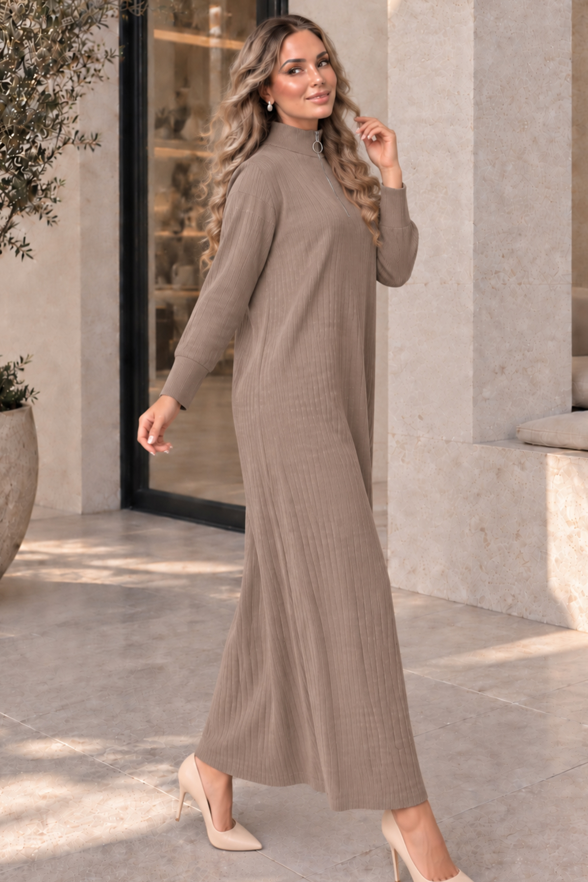 Zip-neck Ribbed Knit Dress K3018 Mink
