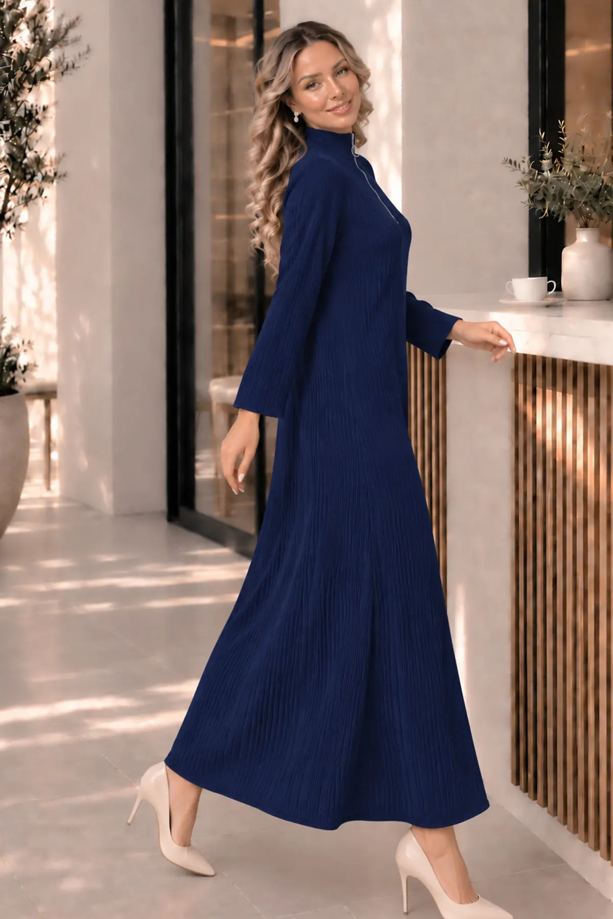 Zip-neck Ribbed Knit Dress K3018 Navy Blue-detail