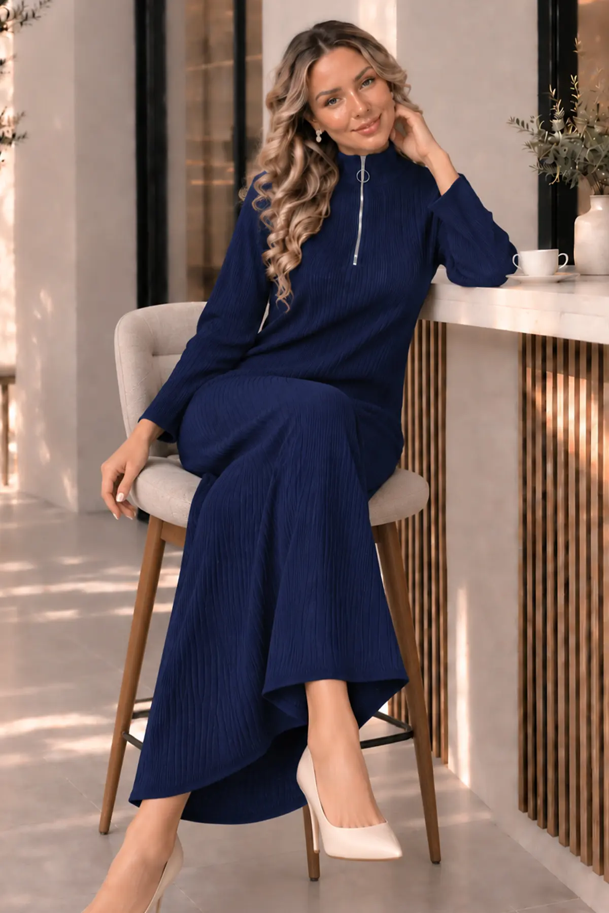 Zip-neck Ribbed Knit Dress K3018 Navy Blue-detail