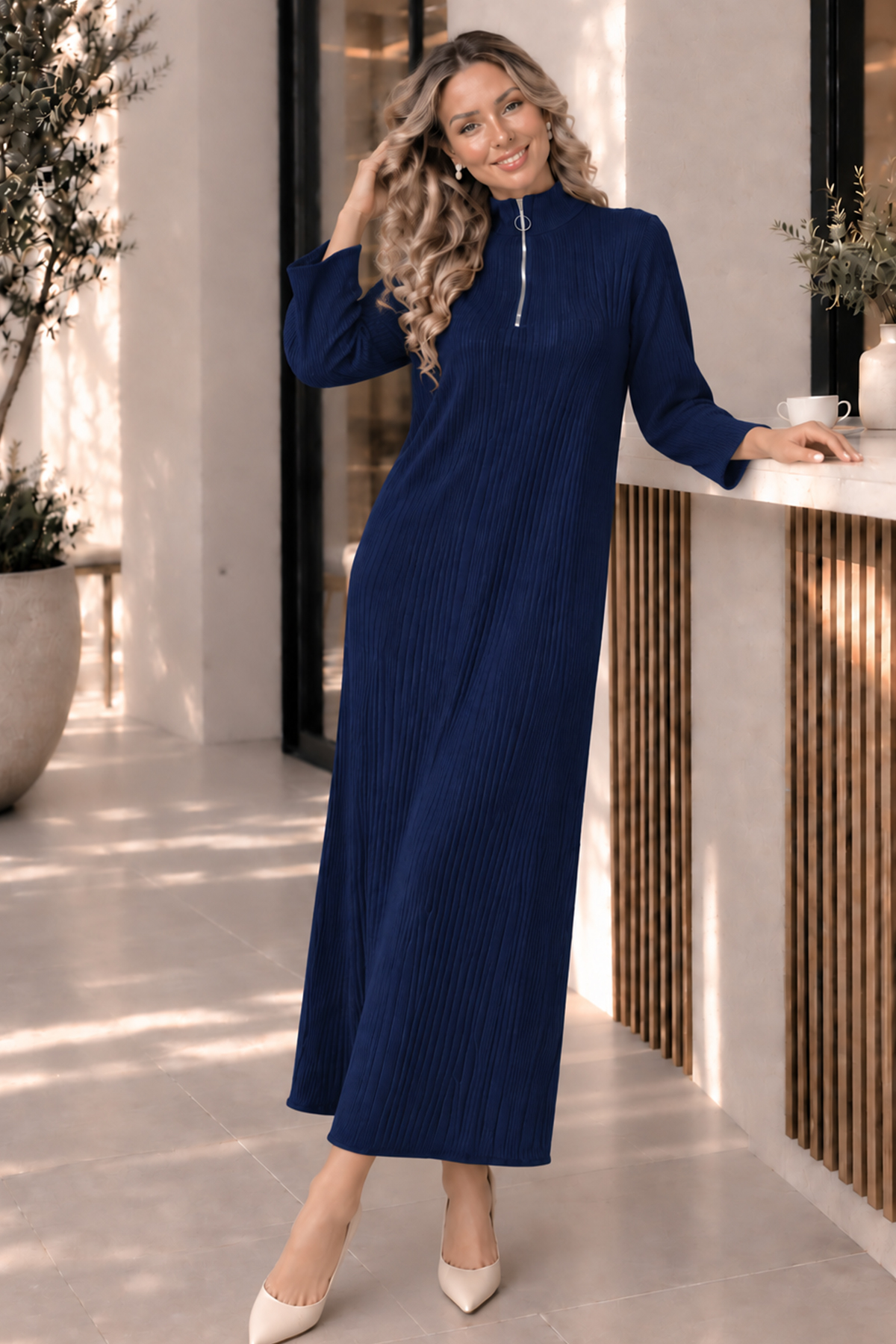 Zip-neck Ribbed Knit Dress K3018 Navy Blue