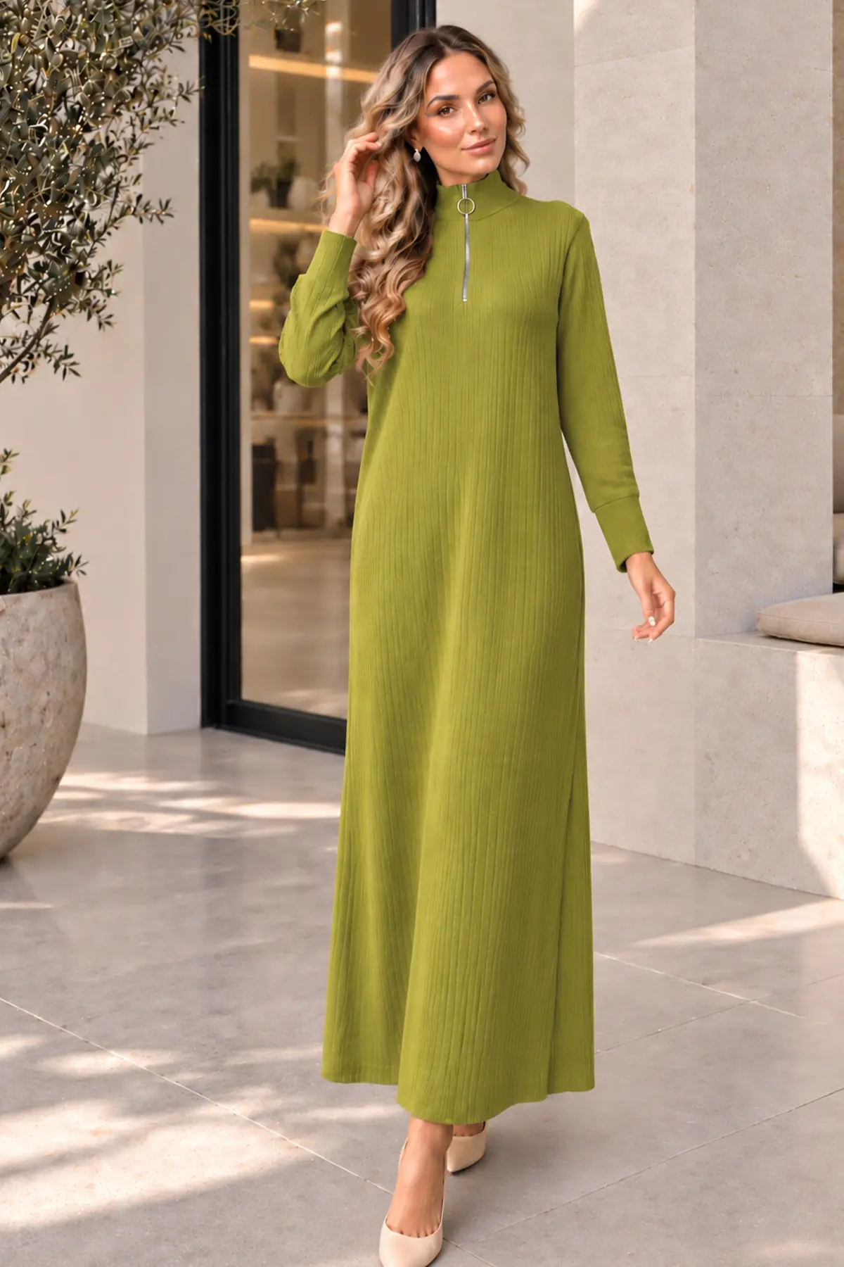 Zip-neck Ribbed Knit Dress K3018 Olive Green-detail