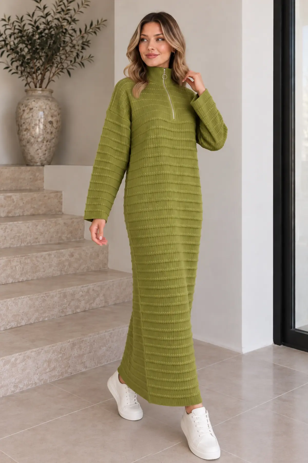 Zip-neck Ribbed Knit Dress K3069 Olive Green-detail
