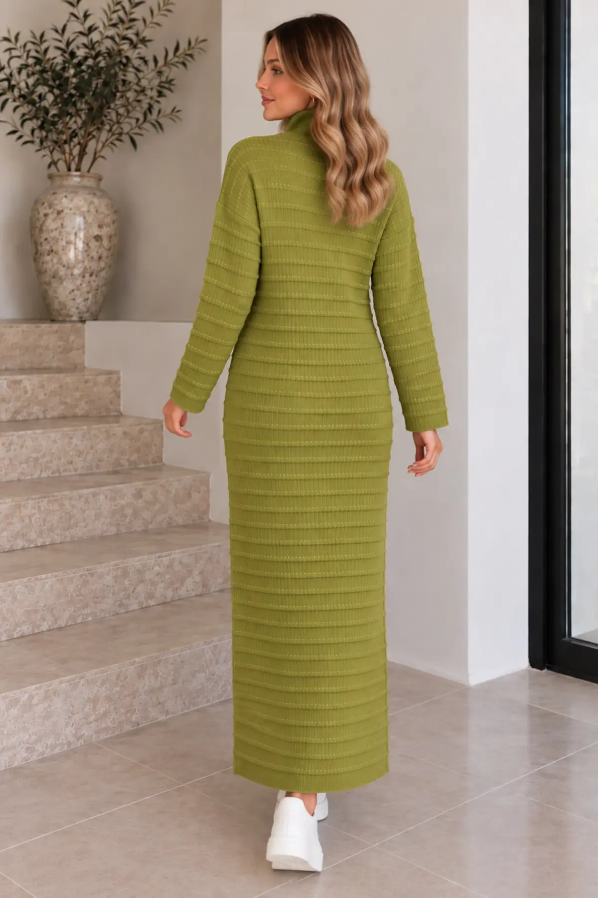 Zip-neck Ribbed Knit Dress K3069 Olive Green-detail
