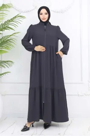Zippered Abaya With Gathered Detail