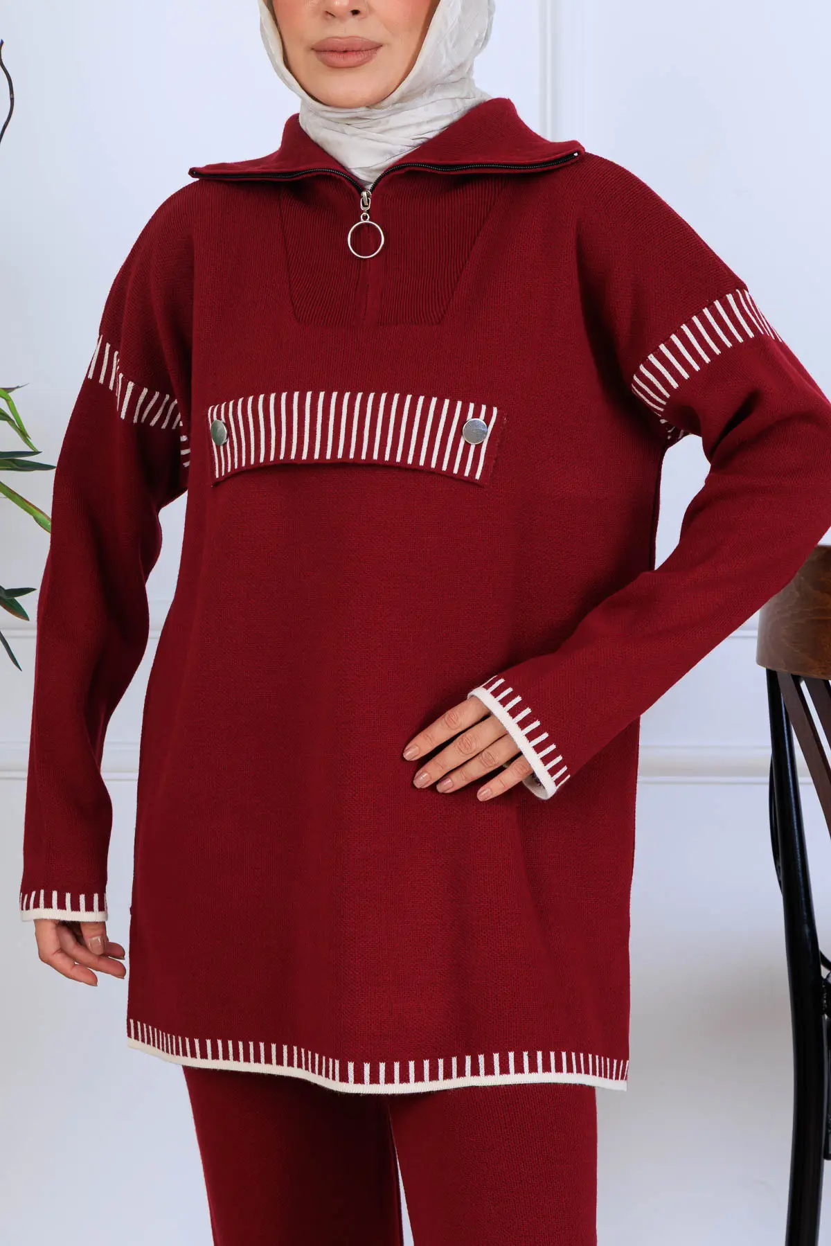 Zippered Collar Knitwear Suit-detail