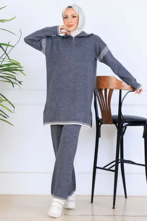 Zippered Collar Stripe Detail Knitwear Suit