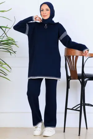 Zippered Collar Stripe Detail Knitwear Suit