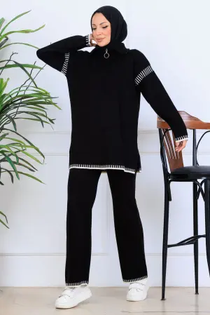 Zippered Collar Stripe Detail Knitwear Suit