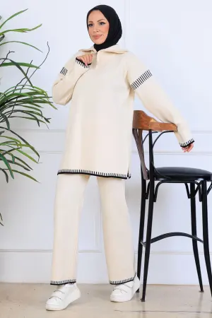 Zippered Collar Stripe Detail Knitwear Suit