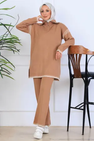 Zippered Collar Stripe Detail Knitwear Suit